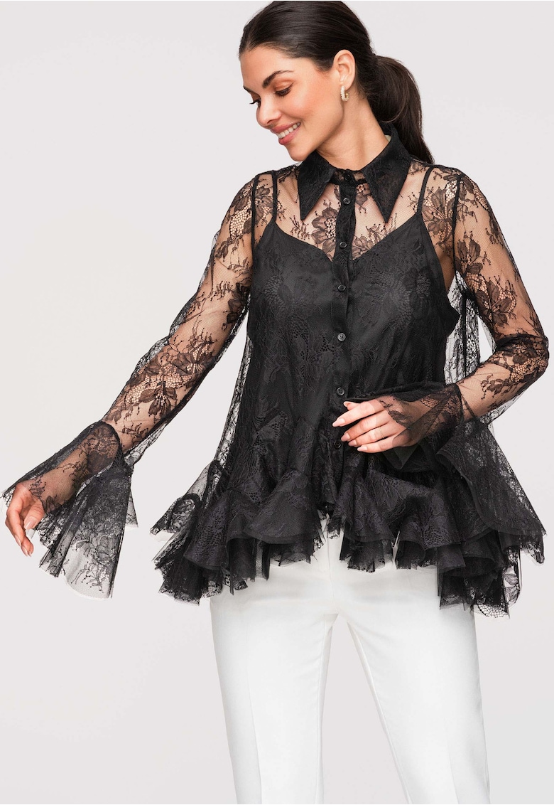 Bluza Dama Dantela Maneca Lunga Moderna Eleganta - Negru