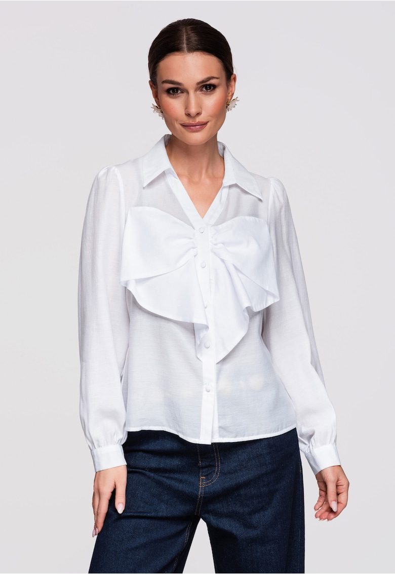 Camasa Dama Eleganta cu Volane - Maneca Lunga - Croiala Slim Fit din Poliester - Alb