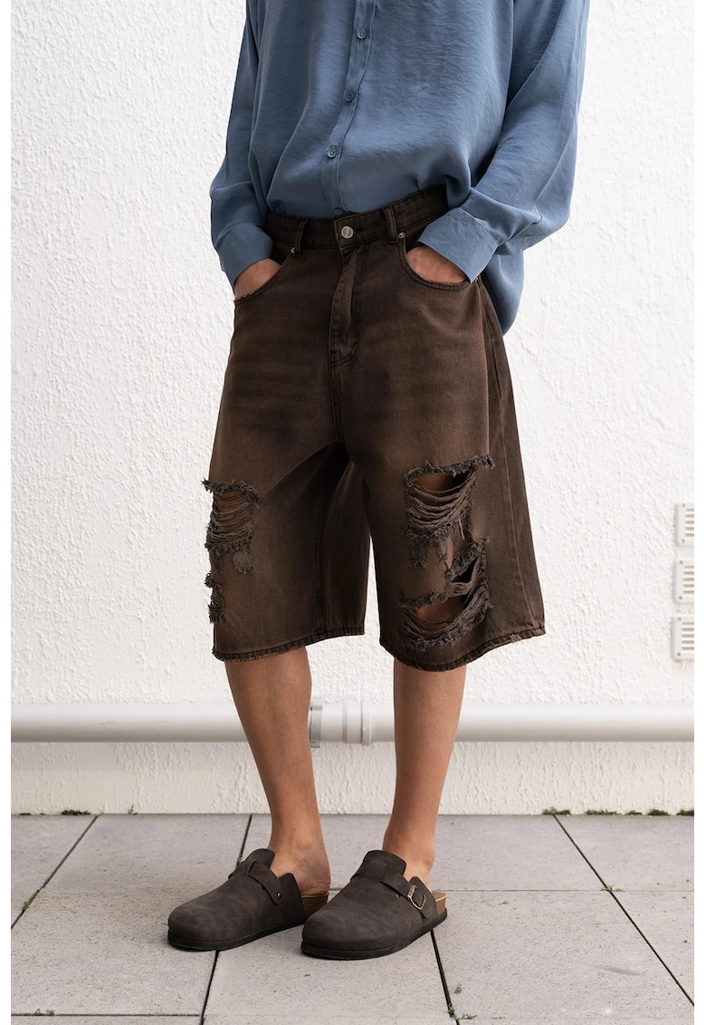 Pantaloni scurti barbati - denim distrus - culoare maro - bumbac