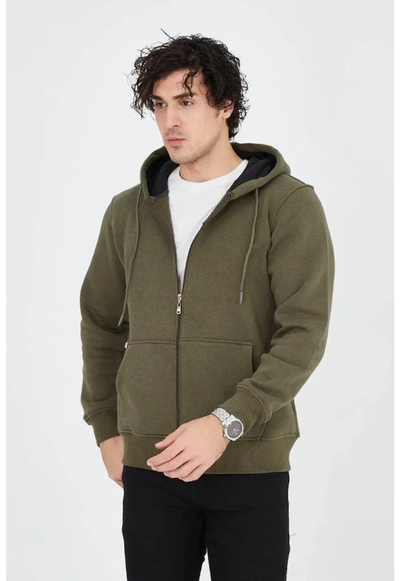 Cardigan barbati - cu gluga si fermoar - verde - bumbac -