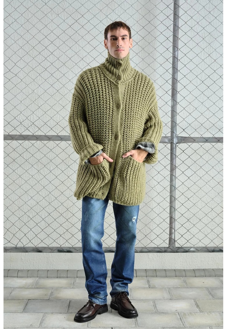Cardigan barbati - tricotat cu nervuri - verde - 100% bumbac - cu buton