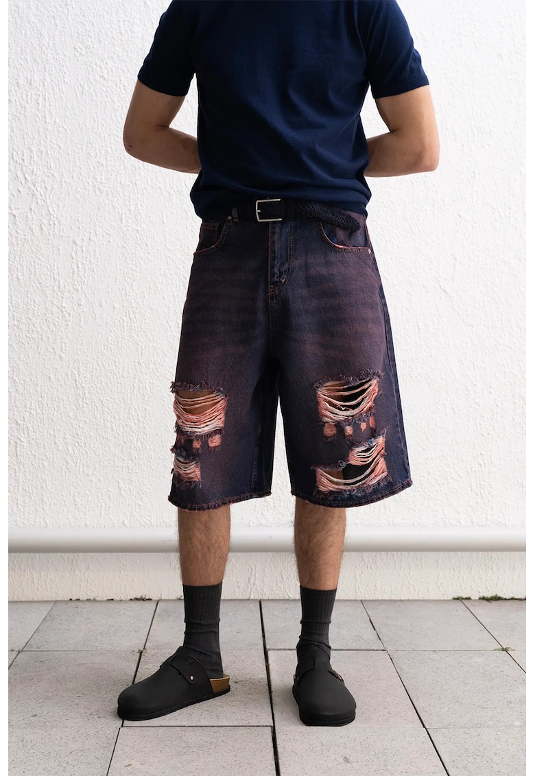 Pantaloni scurti barbati denim distrus - rosu - bumbac