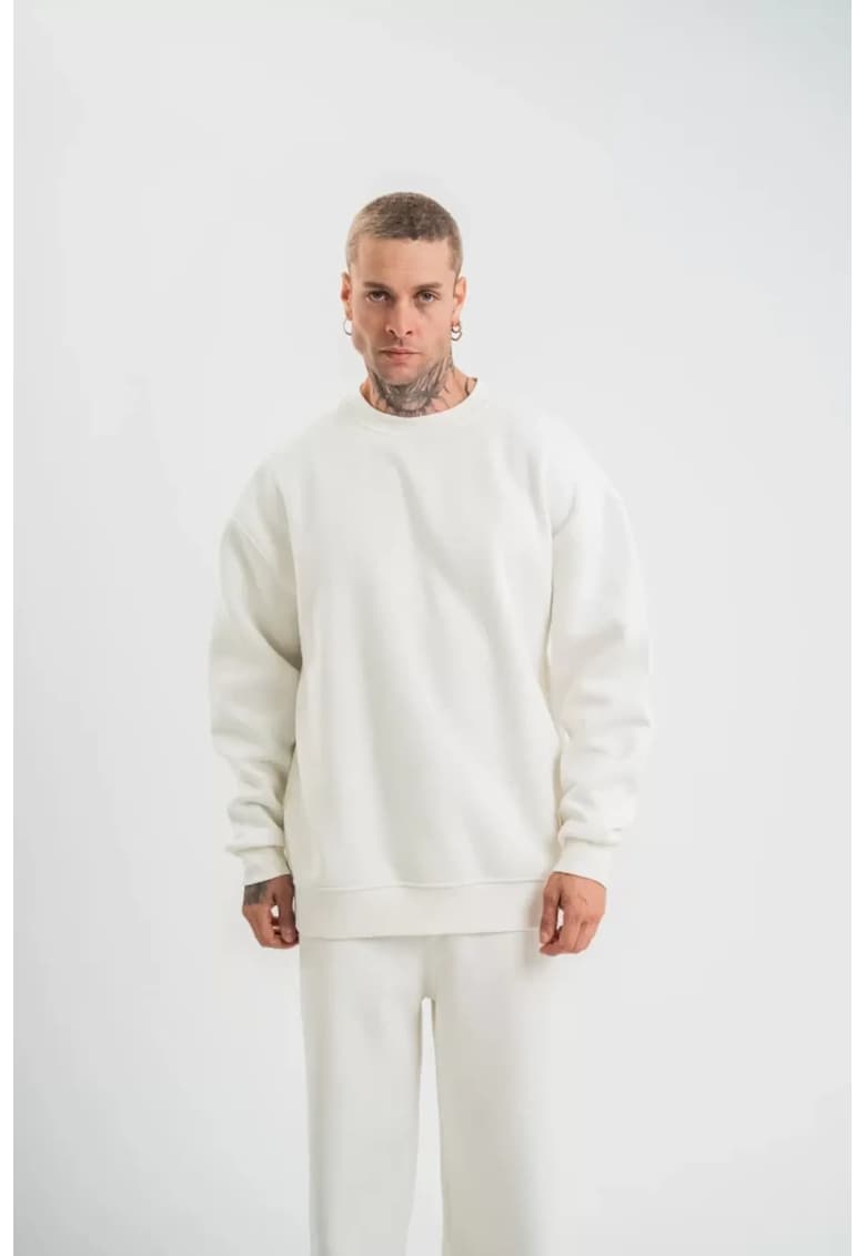 Hanorac fara gluga pentru barbati - oversize - alb - bumbac/poliester