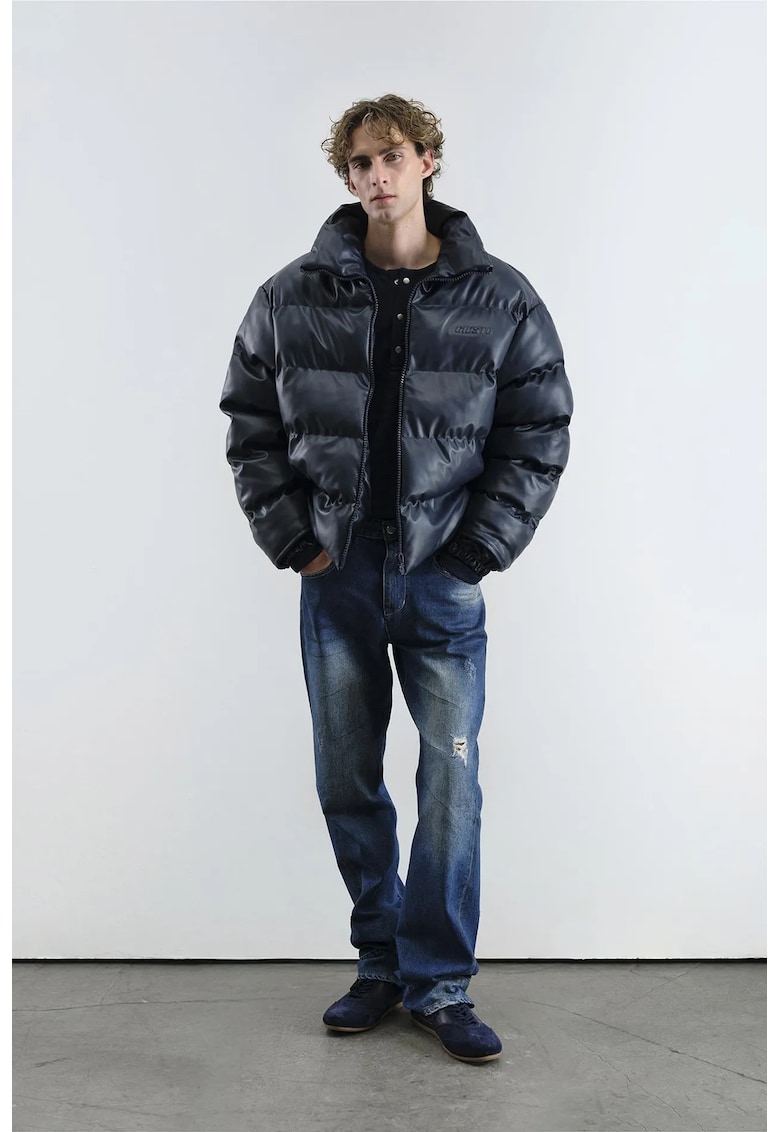 Geaca bomber barbati - groasa - bleumarin - piele ecologica - fermoar