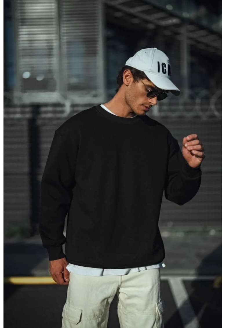 Hanorac barbati - Regular Fit - cu guler rotund - negru - bumbac/poliester -