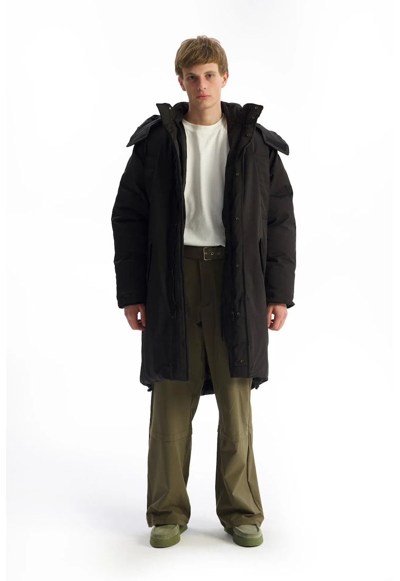 Geaca lunga Puffer - gluga - buzunare - negru - poliester