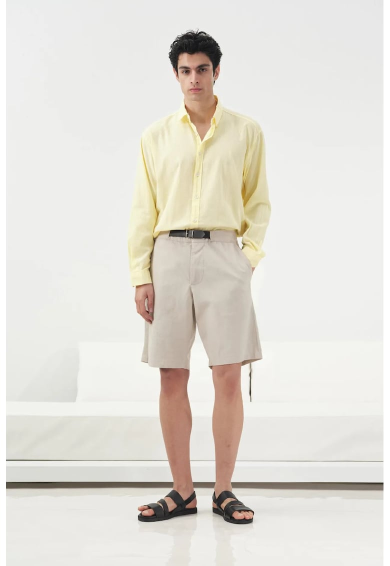 Pantaloni scurti - talie medie - cu curea - gri - bumbac