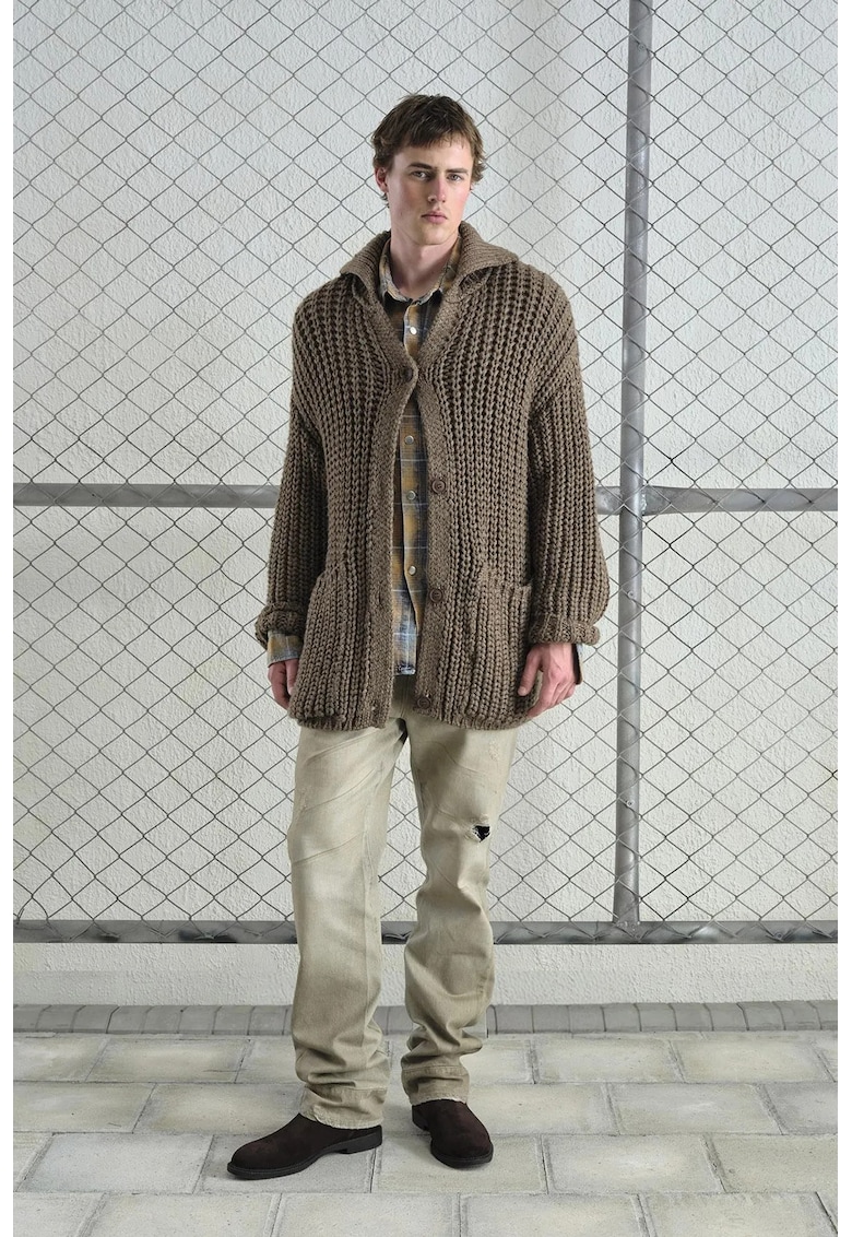 Cardigan barbati - tricotat supradimensionat - guler inalt - maro - 100% bumbac -