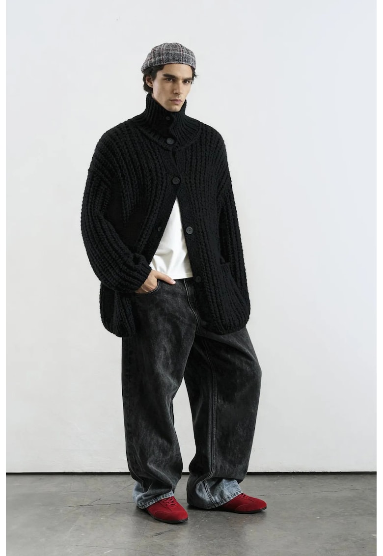 Cardigan barbati - supradimensionat - guler inalt - negru - bumbac -