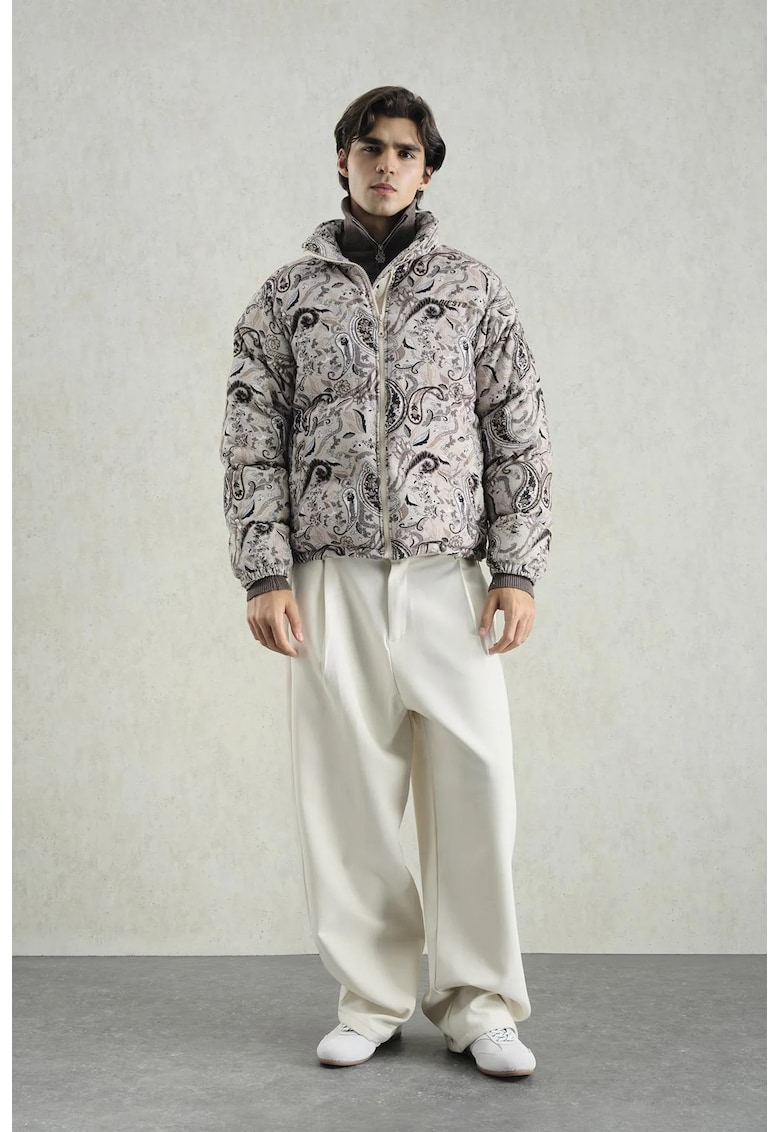 Geaca bomber puffer - cu model - guler cu fermoar - bej - poliester si bumbac