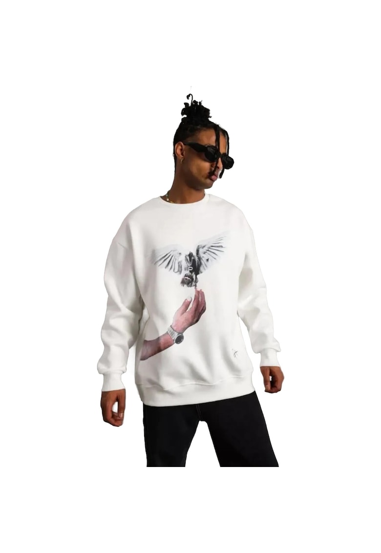 Bluza sport supradimensionata din fleece guler rotund - imprimeu - alb - bumbac/poliester