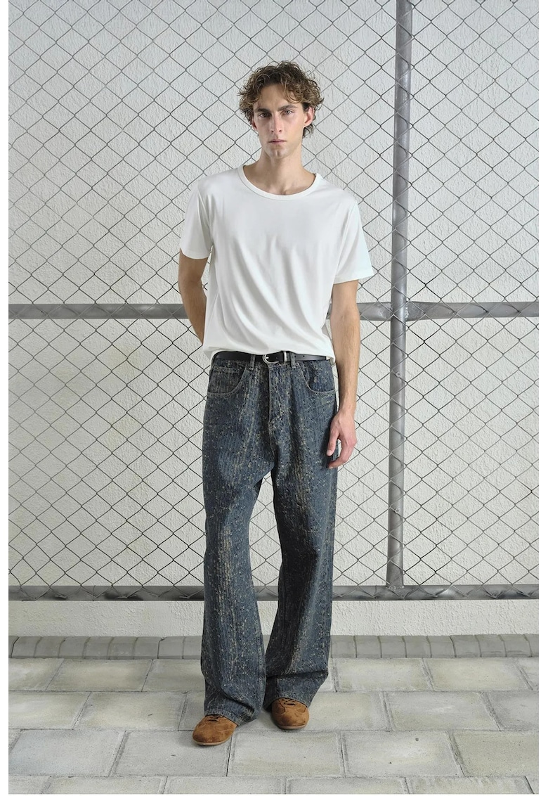 Blugi barbati - Baggy Fit - detalii din paiete - albastru - bumbac
