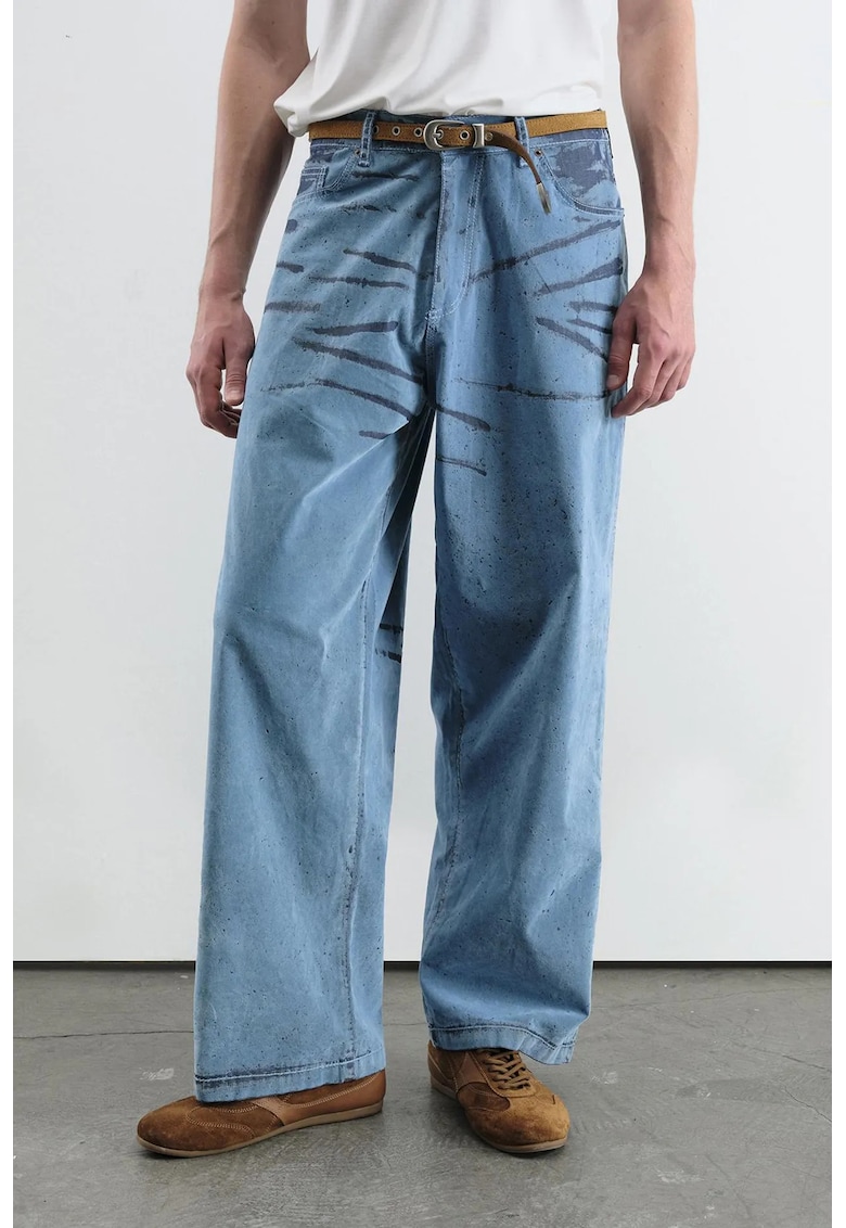 Blugi barbati - Abstract Wide Leg - albastru - denim/bumbac
