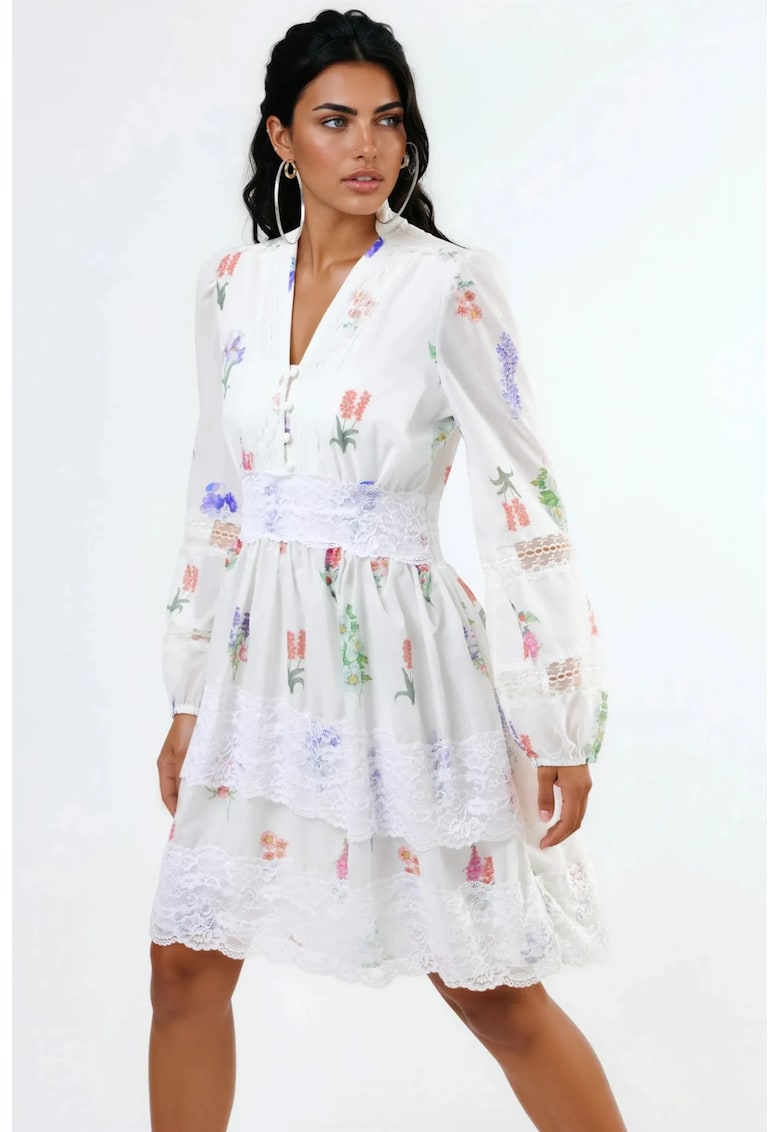 Rochie mini - model floral - alb - poliester - maneca lunga