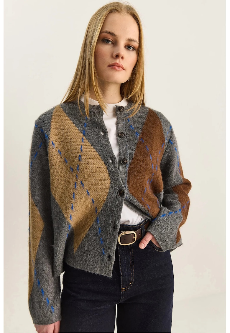 Cardigan dama - model Argyle - guler rotund - gri carbune - amestec acril-elastan -