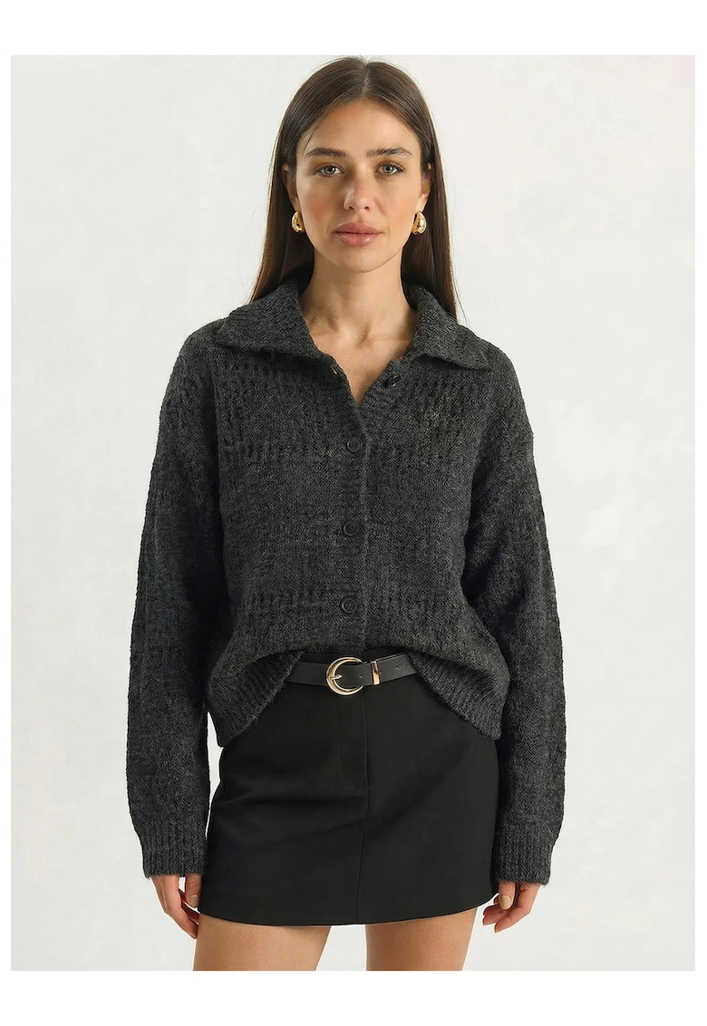 Cardigan - texturat - gri carbune - 75% acrilic - 20% poliester - 5% elastan -