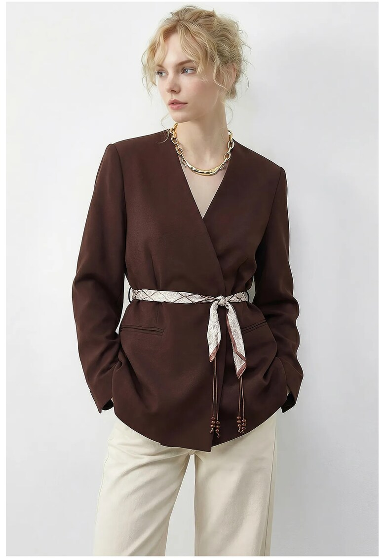 Geaca dama - sacou tip blazer - cu decolteu in V - cu cordon - maro mocha - 100% viscoza -