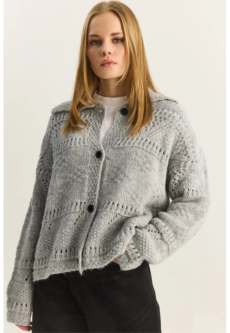 Cardigan dama - cardigan cu guler polo texturat - gri - 75% acrilic - 20% poliester - 5% elastan - One Size INTL -