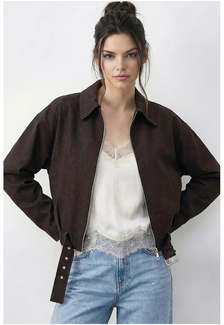 Geaca bomber din denim supradimensionata - cu curea - maro mocha - 80% poliester - 15% bumbac - 5% lycra