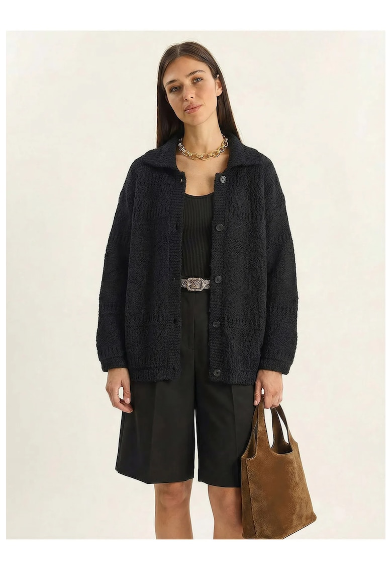 Cardigan Femei guler polo texturat - negru - 75% acrilic - 20% poliester - 5% elastan -