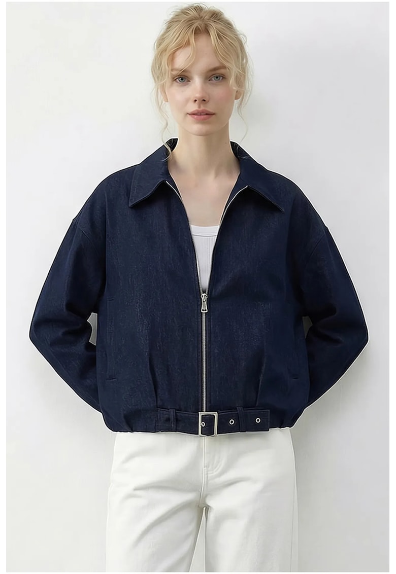 Geaca bomber din denim supradimensionata - albastru marin - cu curea