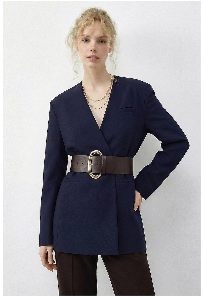 Jacheta dama - sacou tip blazer - decolteu in V - albastru marin - cu cordon - poliester-elastan