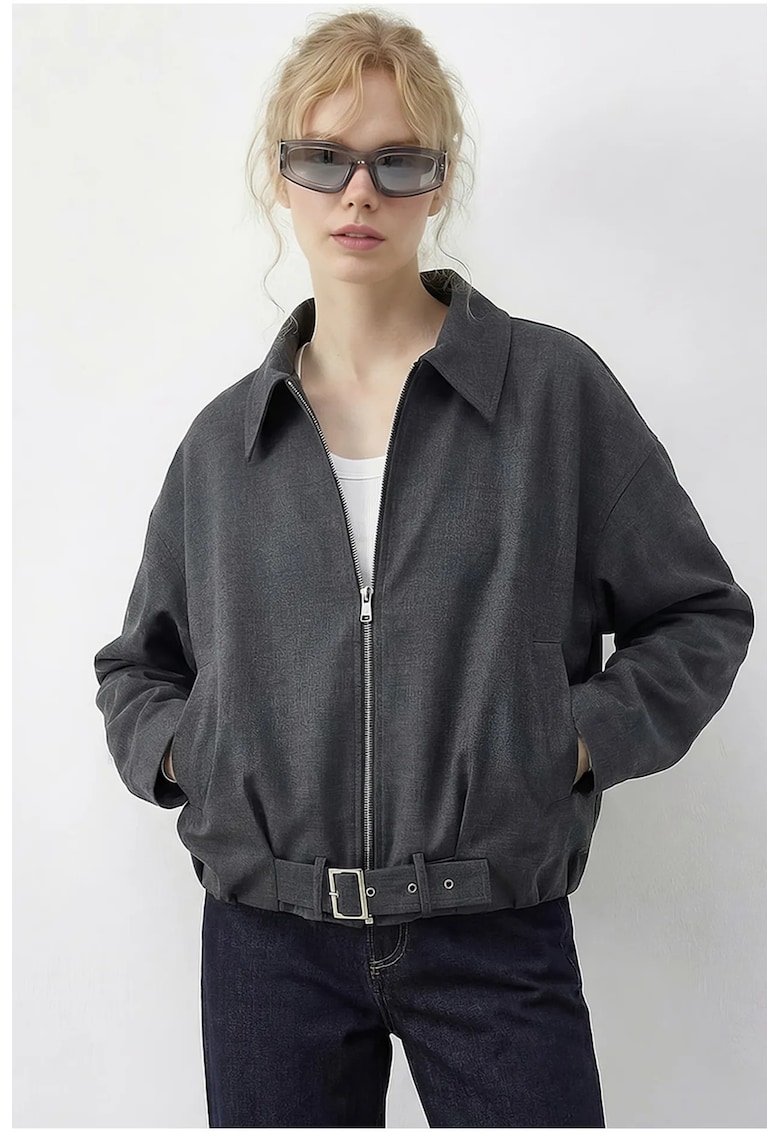 Geaca bomber supradimensionata gri carbune - cu curea - 60% poliester - 40% bumbac