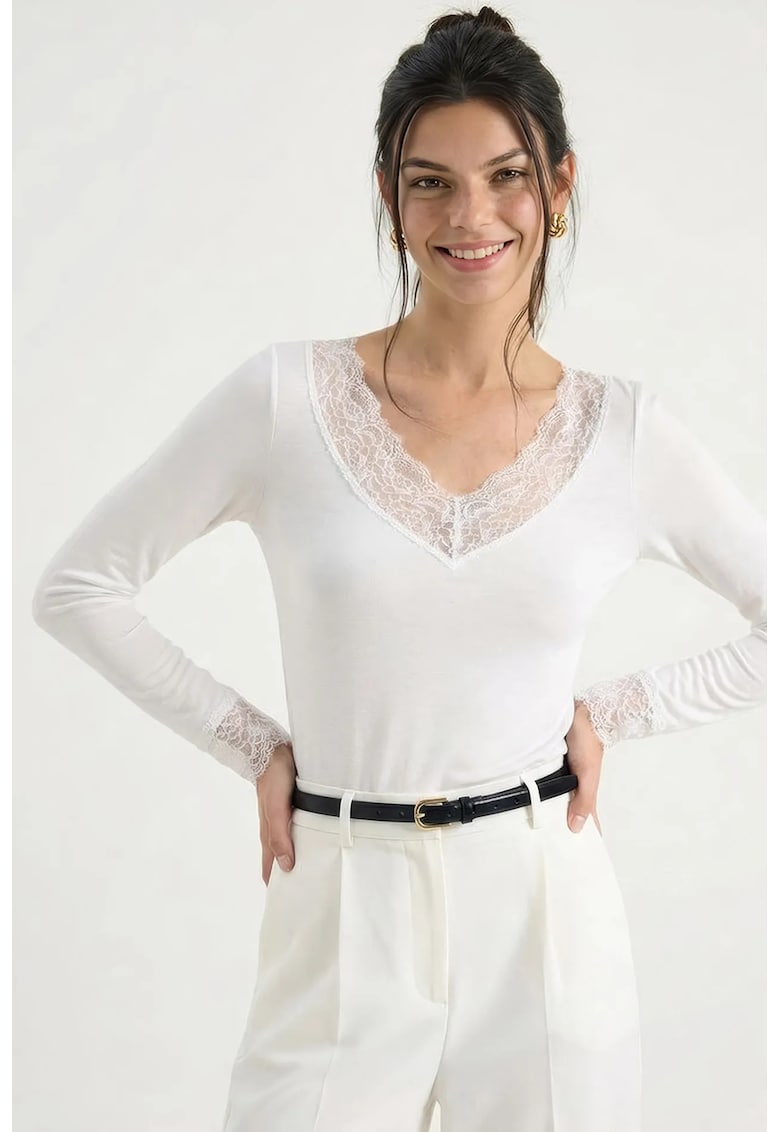 Bluza dama - Dantela - Alb - Decolteu in V