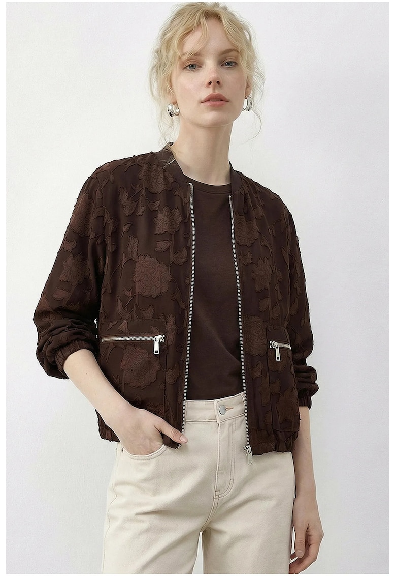 Geaca bomber supradimensionata floral - maro moca inchis - 100% poliester