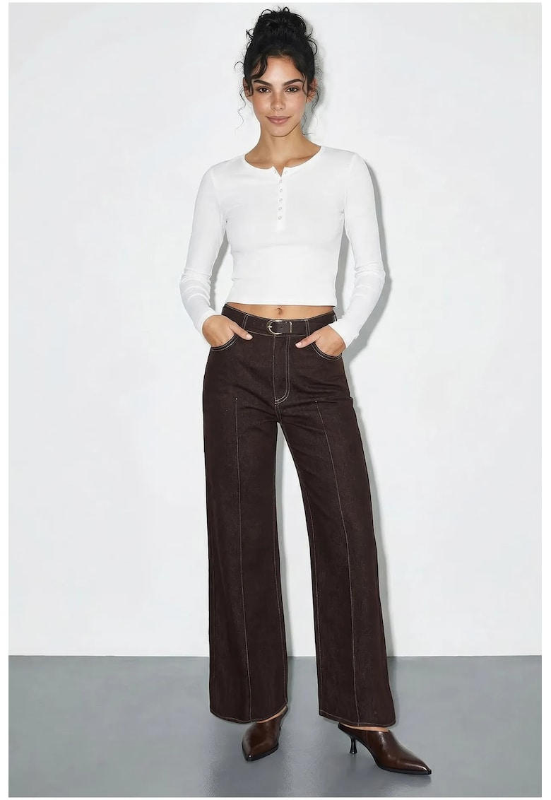 Pantaloni dama - LUCCI - denim - talie inalta - maro inchis