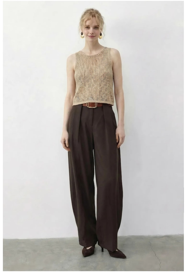Pantaloni dama - stil palazzo - talie inalta - maro - poliester