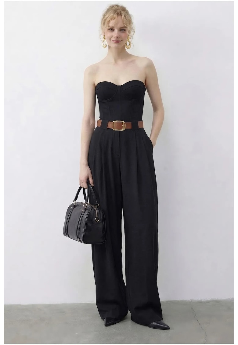 Pantaloni dama stil palazzo - talie inalta - negru - poliester