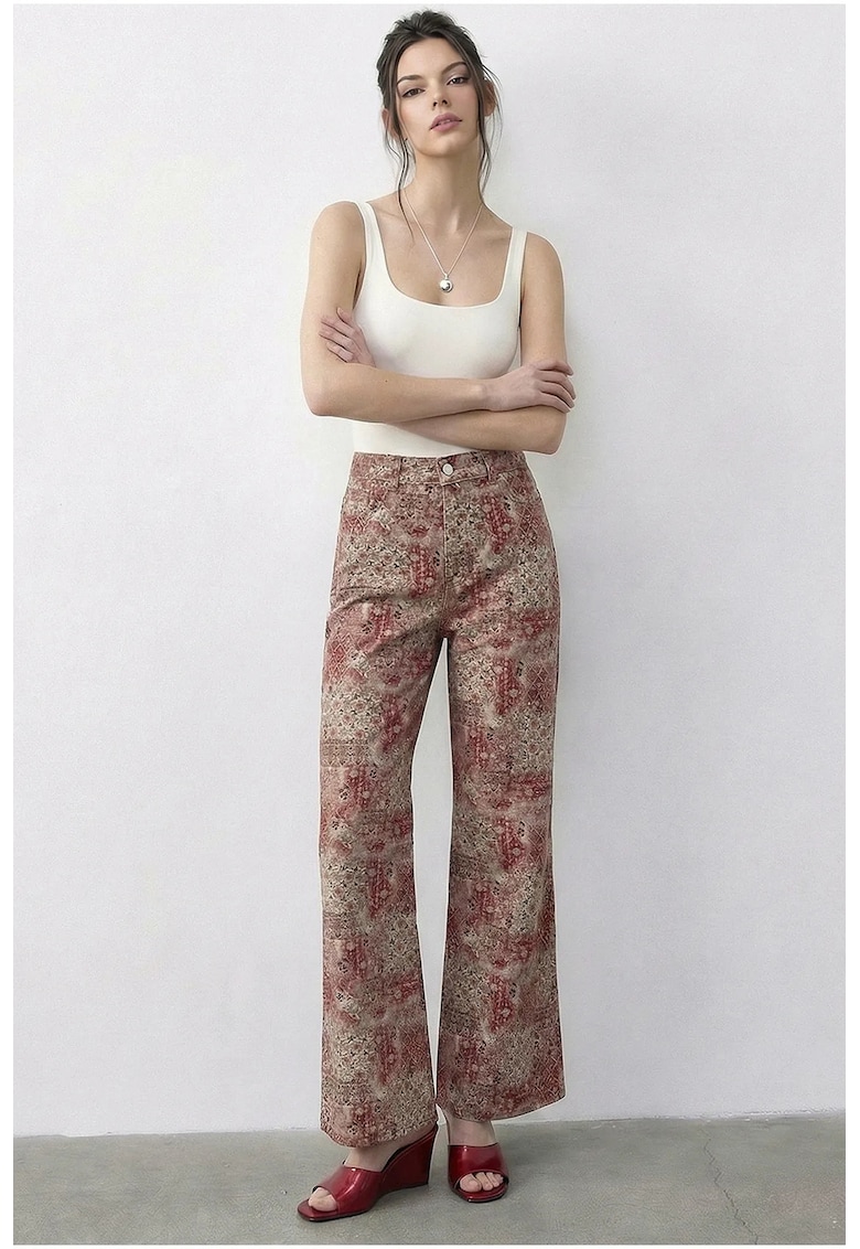 Pantaloni dama - denim - talie inalta - imprimeu Paisley - roz