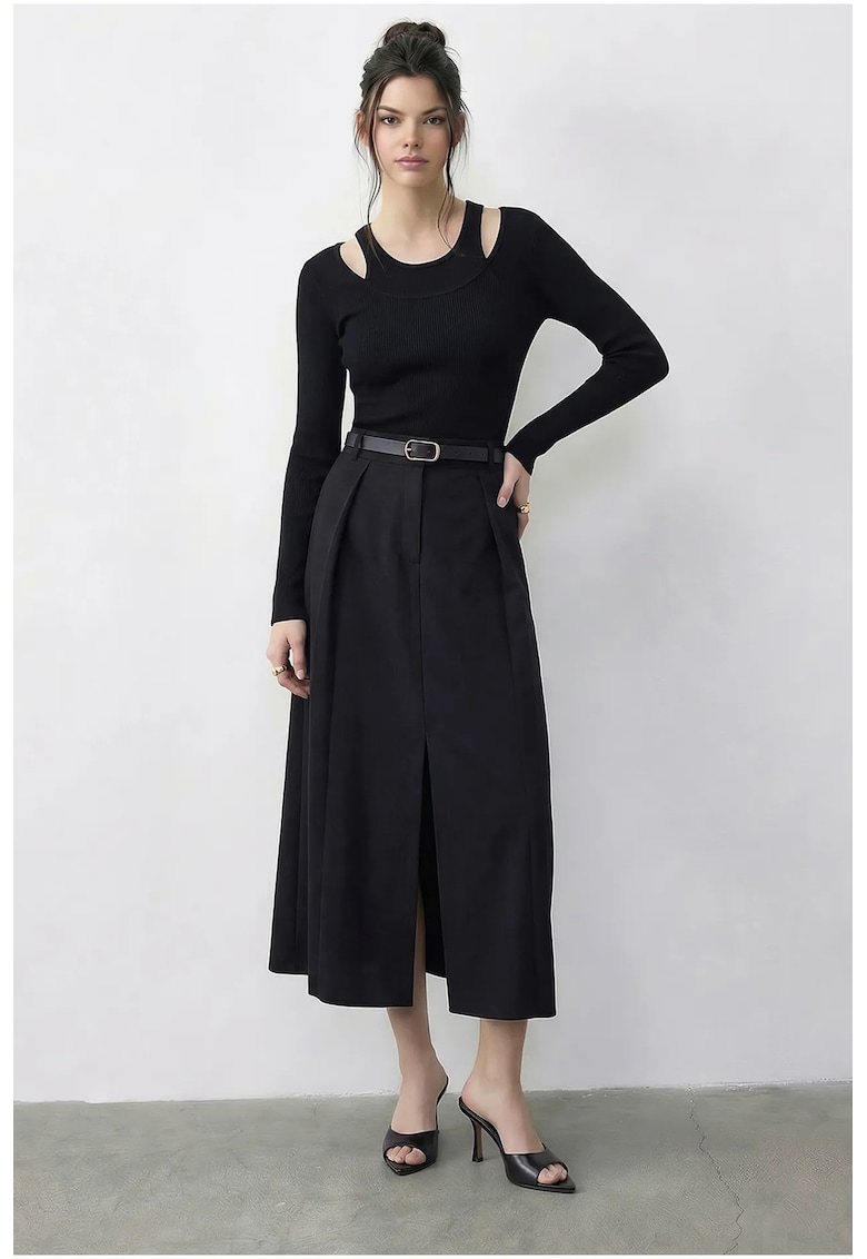 Fusta midi talie inalta - neagra - poliester-bumbac