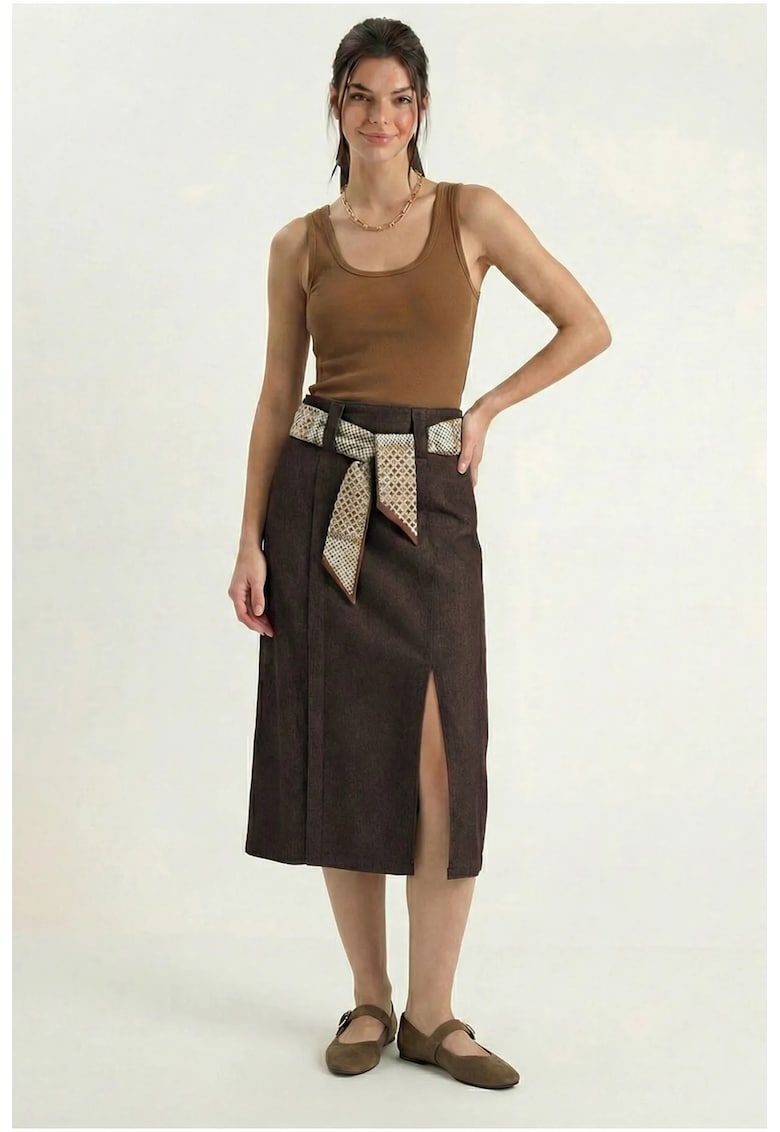 Fusta midi talie inalta - maro - satin