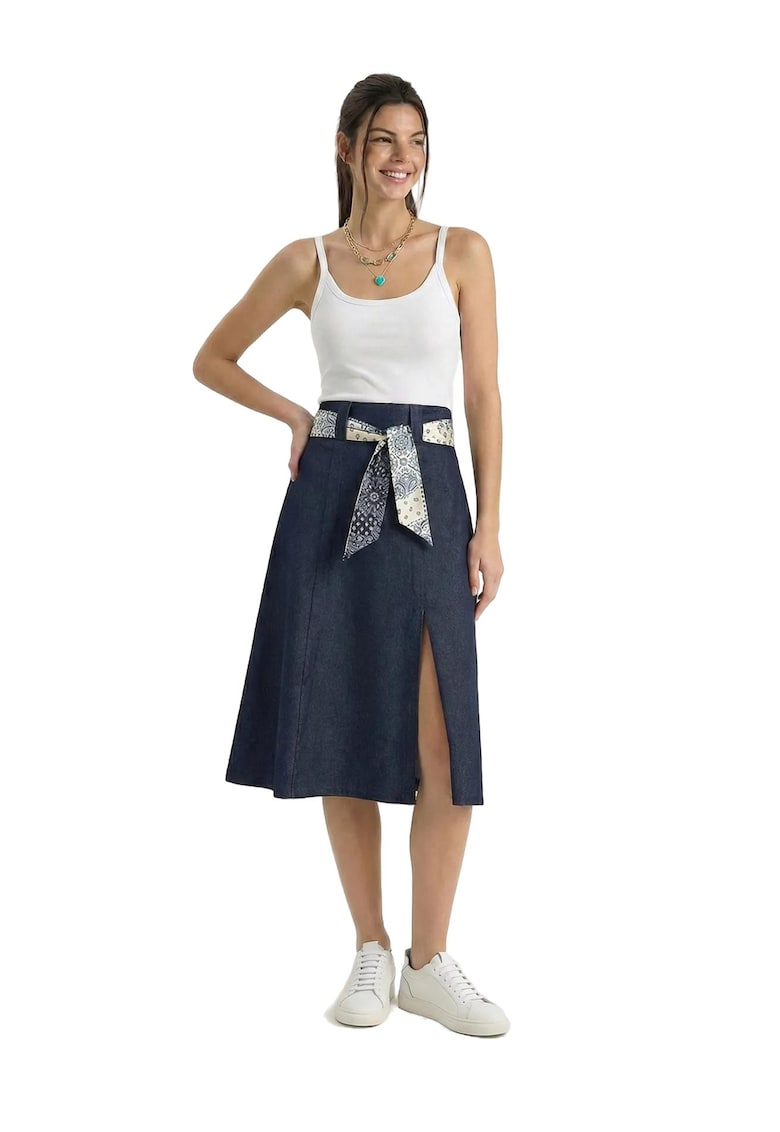 Fusta midi talie inalta - bleumarin - satin