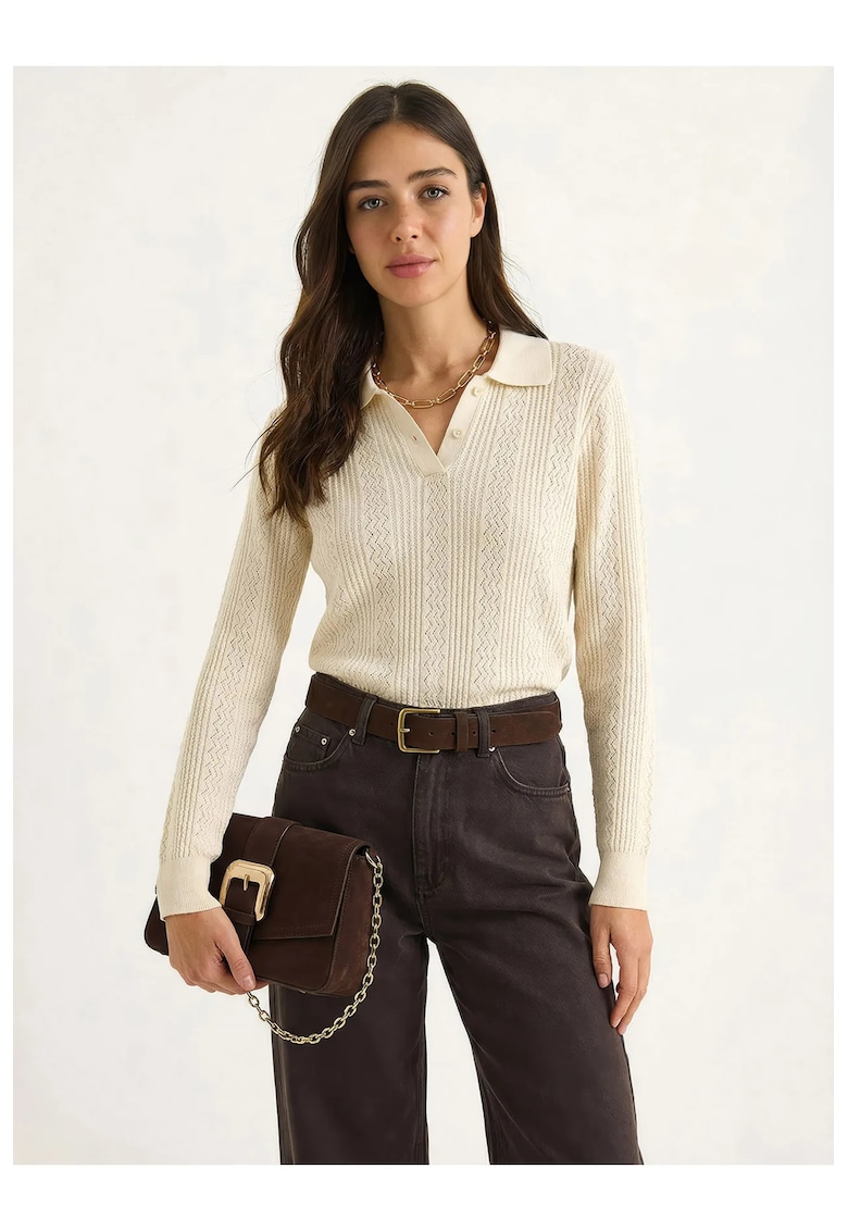 Pulover dama - texturat - guler polo - crem natural - 100% acrilic - One Size INTL -