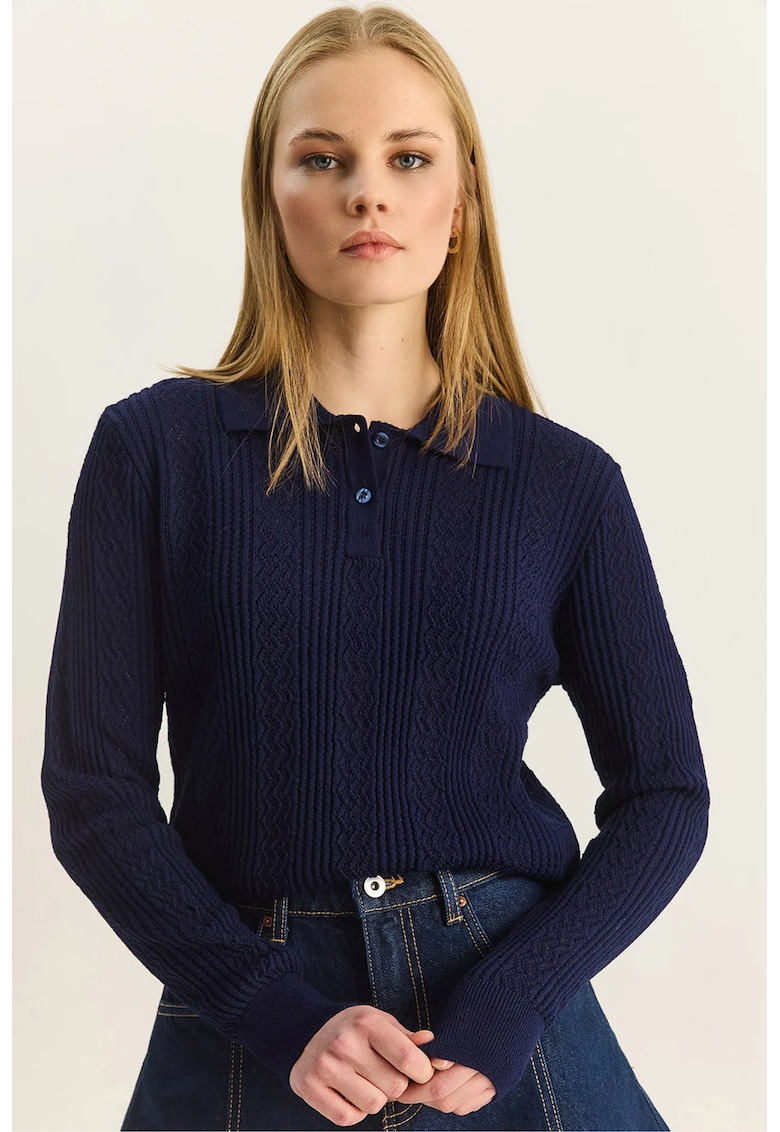 Pulover dama - texturat - albastru marin - guler polo - inchidere cu nasturi - One Size INTL -