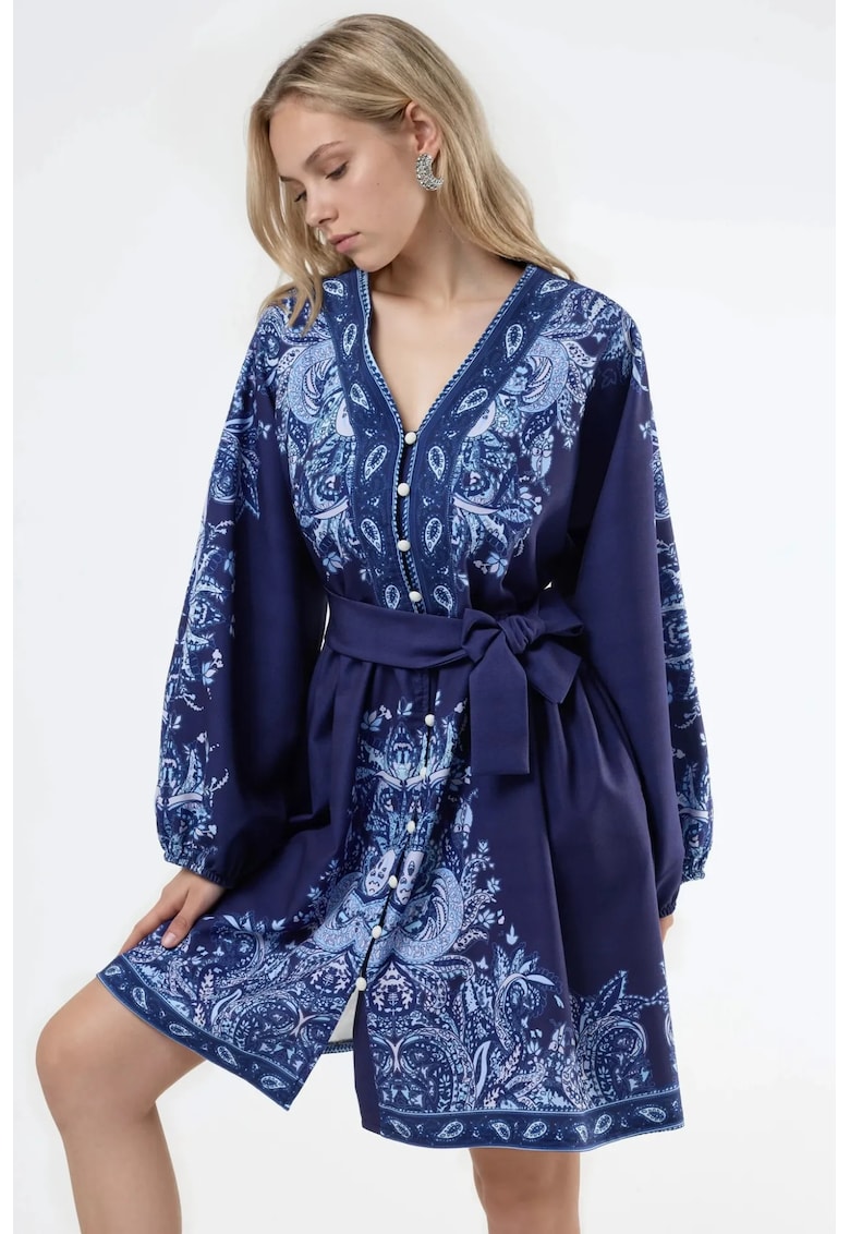 Rochie mini - cu maneca lunga - poliester/elastan - albastru