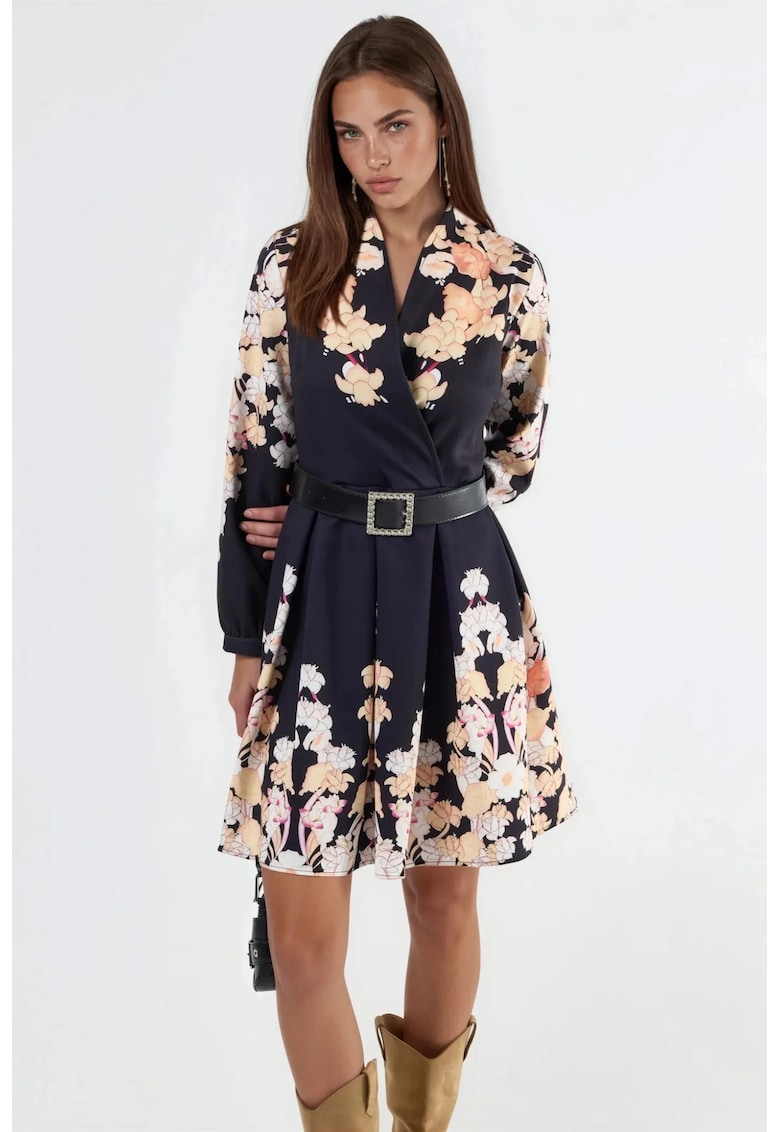 Rochie mini - imprimeu floral - decolteu in V - multicolor - poliester/lycra
