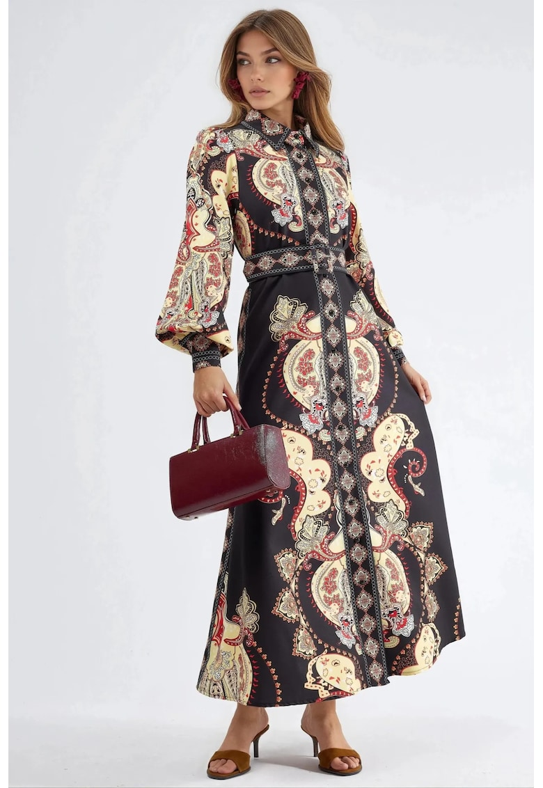Rochie Maxi - Eleganta - Alb/negru - Poliester/Lycra - cu curea