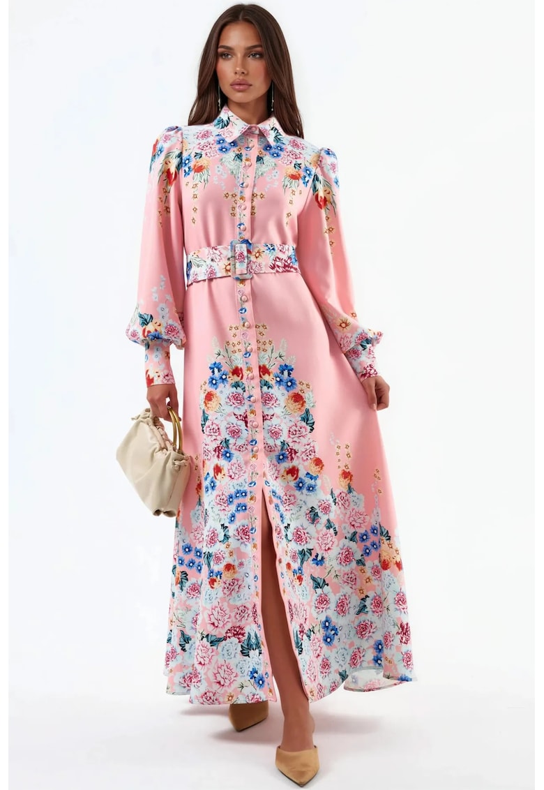 Rochie Maxi Florala MSN - Guler Camasa - Maneci Lungi - Poliester