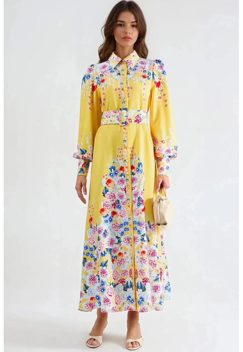 Rochie Maxi - Floral - Galben Lamaie - Poliester - Maneci Lungi
