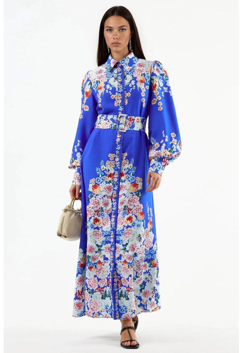 Rochie Maxi - Floral - Albastru - Poliester - Maneci lungi