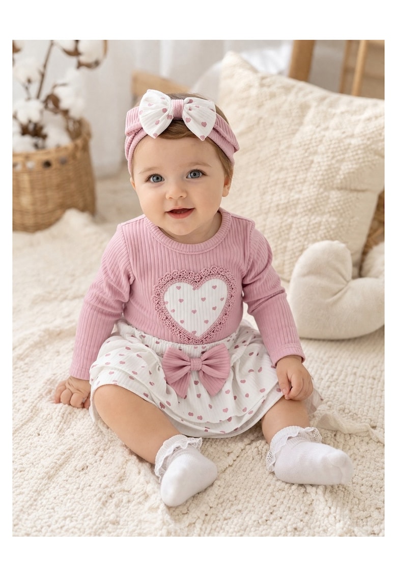 Set bebe fetita 3 piese body fustita si bentita cu inimioare - bumbac nou nascut