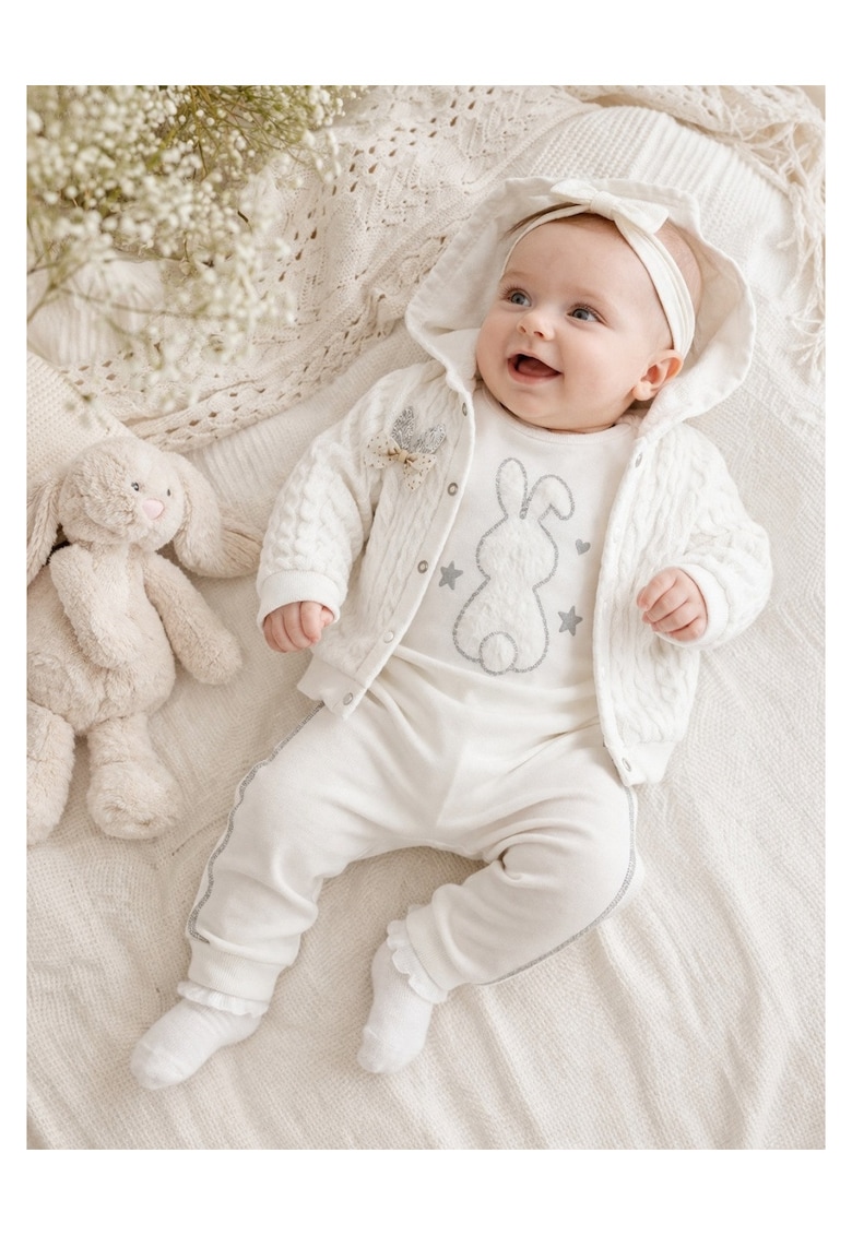 Set bebe 3 piese bumbac alb cu iepuras - body pantaloni hanorac