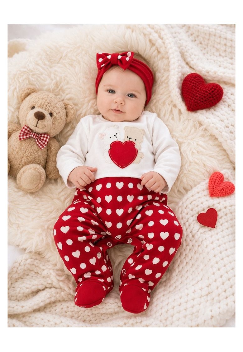 Salopeta bebe fetita rosie bumbac cu ursuleti si inimioare cu bentita nou nascut