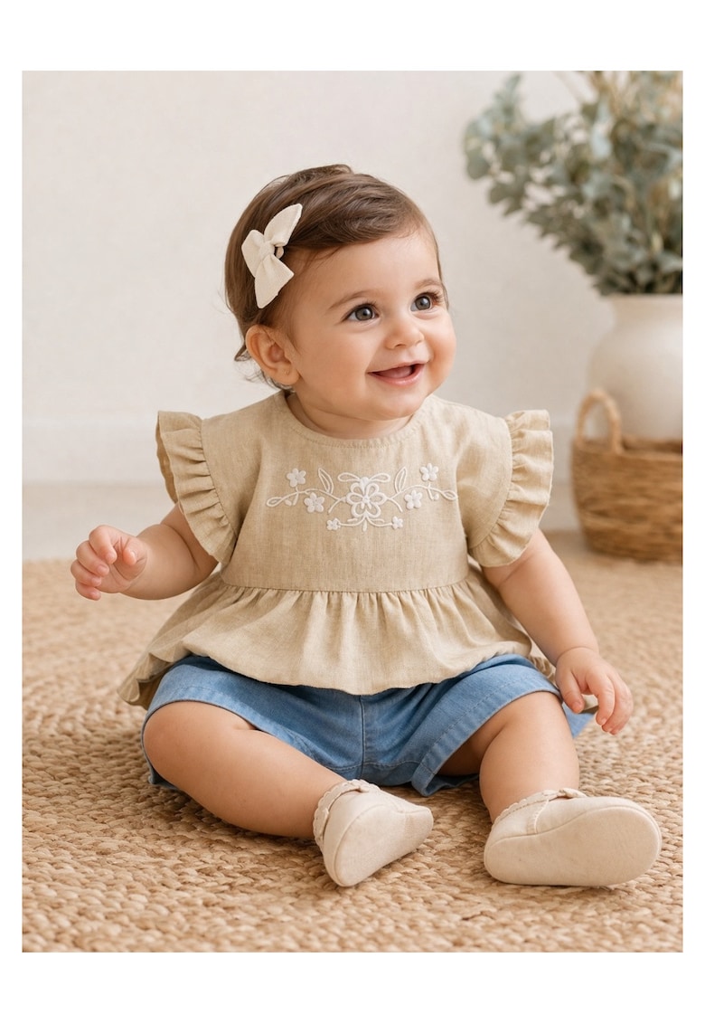 Set bebe fetita 2 piese bej cu broderie si pantaloni scurti denim vara
