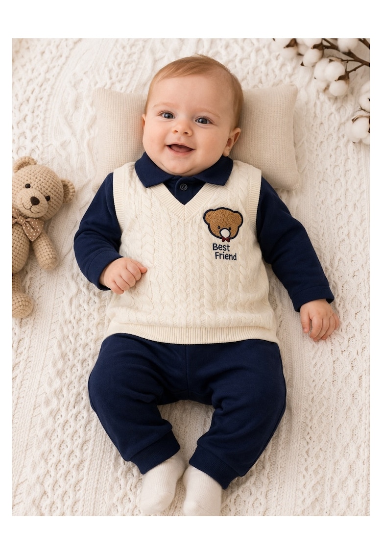 Set bebe baiat 2 piese bumbac cu efect vesta - bluza pantaloni