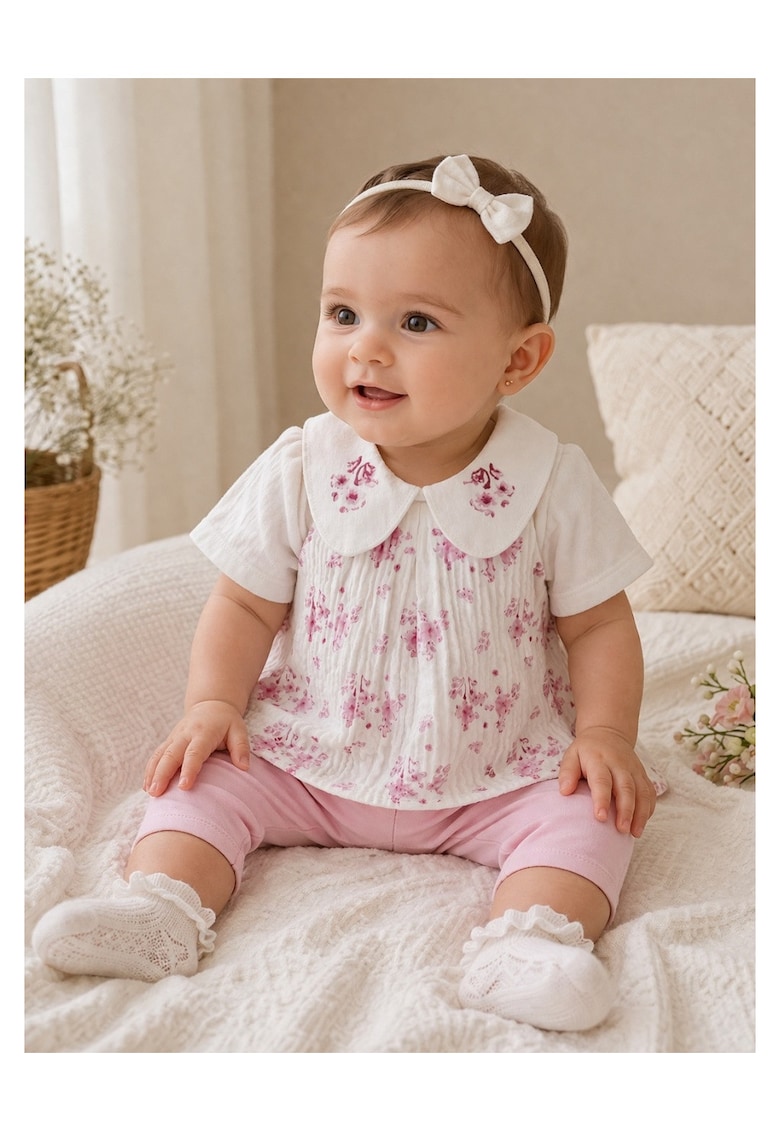 Set bebe fetita 2 piese muselina roz cu flori - bluza cu guler pantaloni vara